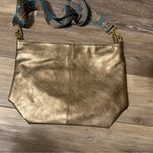Metallic Gold Crossbody Bag with Patterned Strap